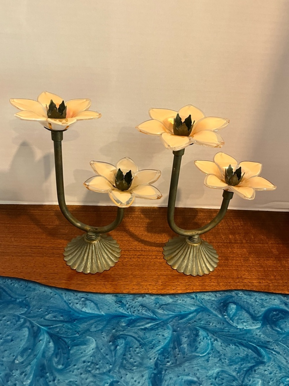 Pair Murano Style Glass Flower Shaped and Metal Candle Stick Holders